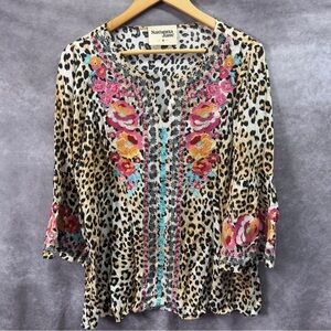 Savanna Jane Leopard Print Floral Embroidered Tunic Blouse 3/4 Bell Sleeves Med